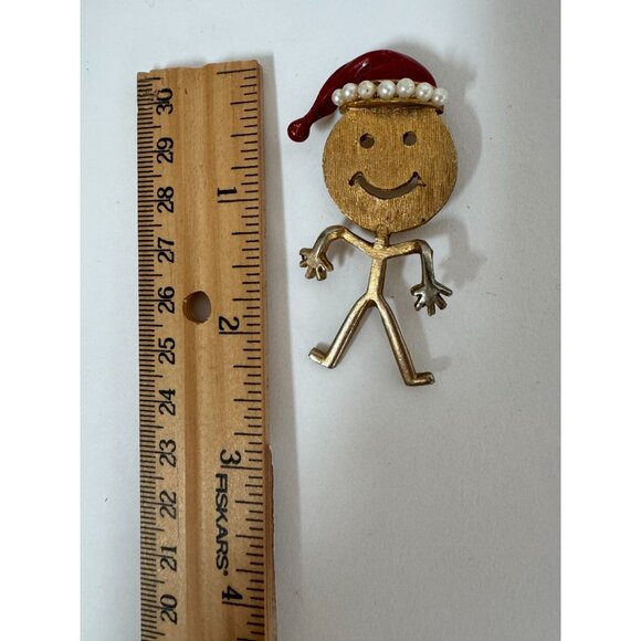 Gold-Toned Stick Figure Brooch With Enamel Santa Hat & Faux Pearl Trim - Picture 9 of 16